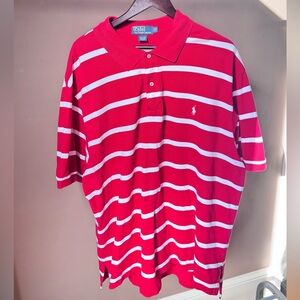 Men’s Ralph Lauren Polo Shirt Red White Stripped Custom Fit White Pony